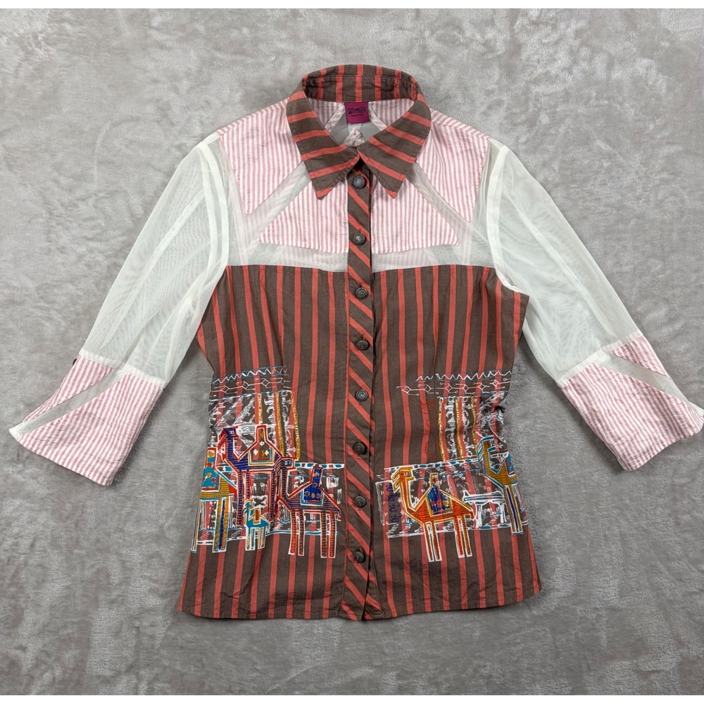Save The Queen Shirt Womens L Camel Graphic Mesh Panel Striped Button Up Y2K